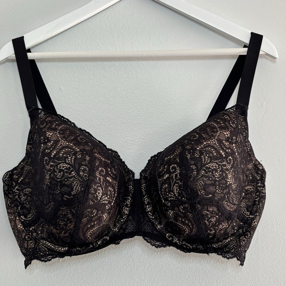 Third Love Lace Balconette Bra 40F Black Tan Sexy‎ Lingerie Busty Full Coverage